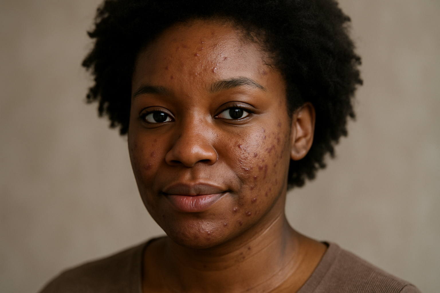 30 years old dark skin woman with hormonal face acne