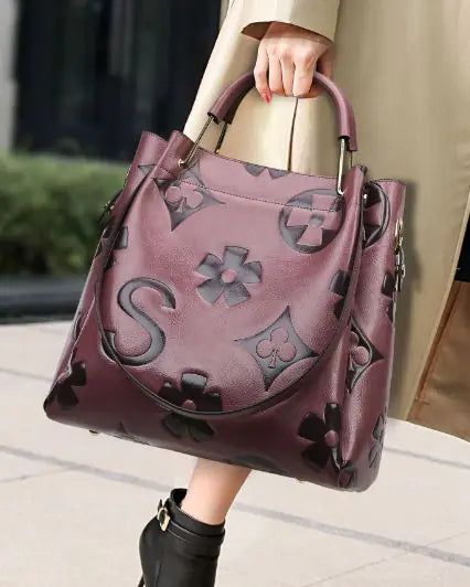 Elegant Floral Embossed Synthetic Leather Satchel Handbag for Women - Adjustable Shoulder Strap, Secure Zipper Closure, Light Brown/Purple/Black - Versatile Work & Casual Purse, Daily Use Accessory, Sophisticated Design, Structured Handbag