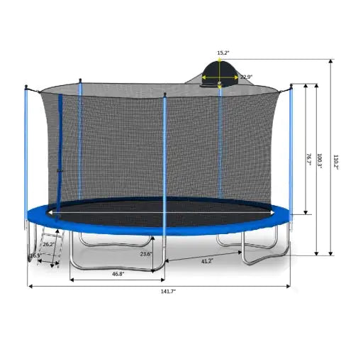 12FT Trampoline For Adults Kids With Basketball Hoop, Outdoor Trampolines W Ladder And Safety Enclosure Net For Kids And Adults