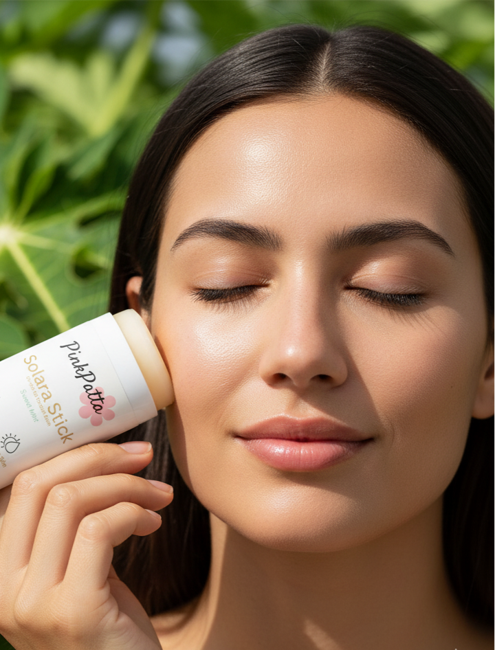 Woman applying a skincare product with green leaves in the background