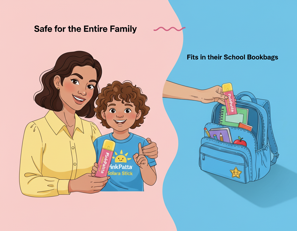 Illustration of a woman and child holding PinkPatta products, with a backpack on a blue background.