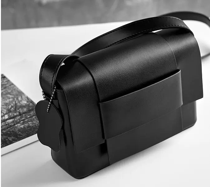 Unisex Genuine Leather Woven Crossbody Bag - Neutral Square Design