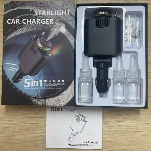 5 in 1 Retractable Car Charger with Aromatherapy and Starlight, USB C Car Charger Adapter, 69W Fast Charging Cars Phone Chargers, Cars Air Freshener Compatible for iPhone and Android