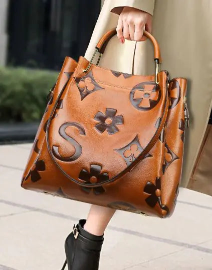 Elegant Floral Embossed Synthetic Leather Satchel Handbag for Women - Adjustable Shoulder Strap, Secure Zipper Closure, Light Brown/Purple/Black - Versatile Work & Casual Purse, Daily Use Accessory, Sophisticated Design, Structured Handbag