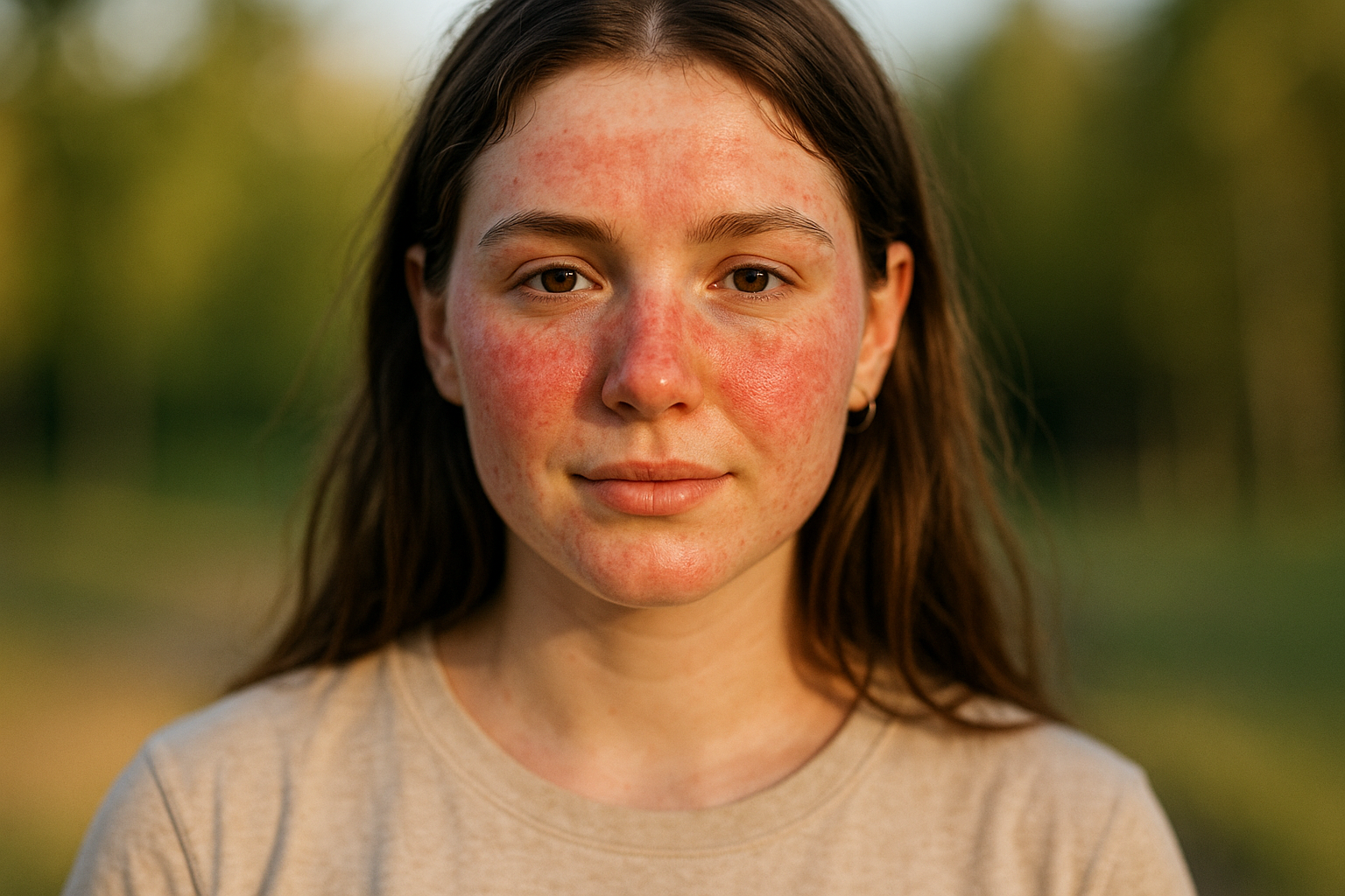 A 20 year old with brown hair standing outside in the sun with Rosacea on her face