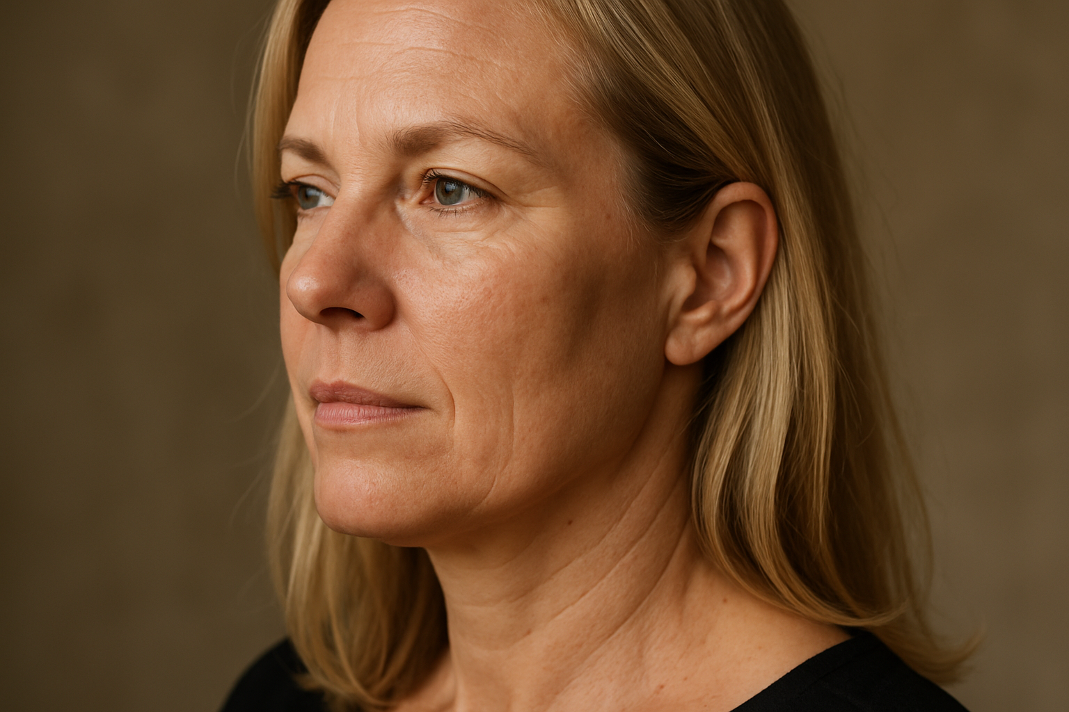 A 45 year old american blonde with Fine lines around the eyes, close up view and side angle
