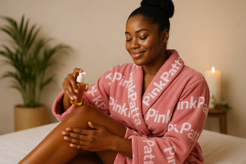 A black american woman applying oil to her legs. she is wearing a pink robe with white letter "PinkPatta"