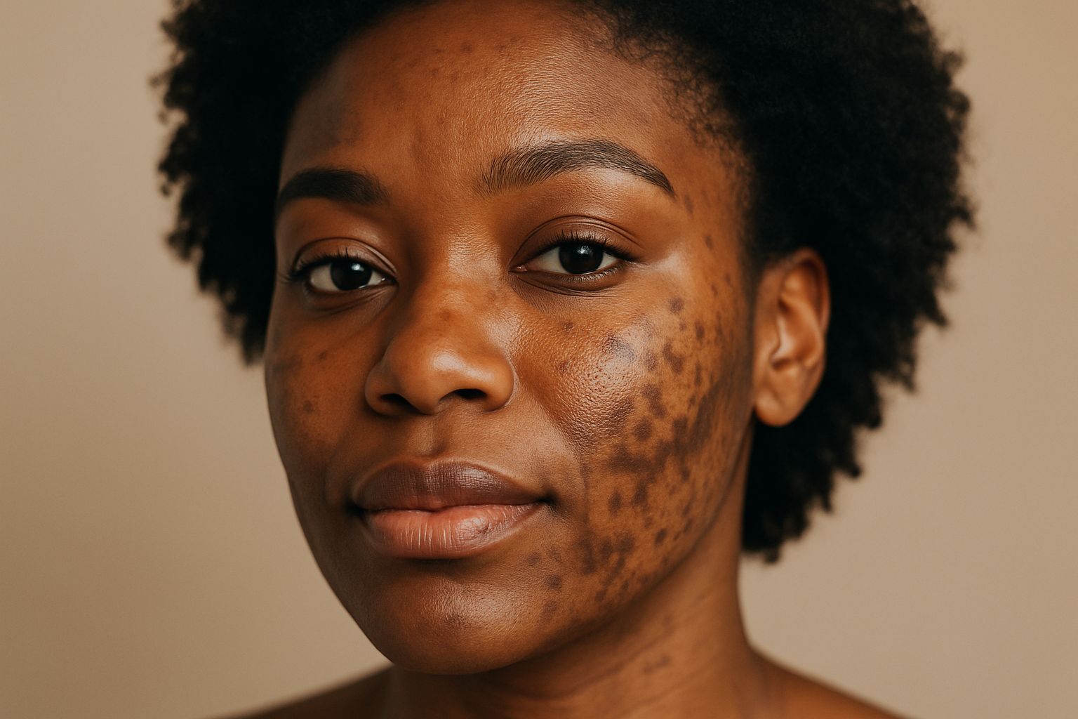 A close up view of an african american woman with Post-Inflammatory Hyperpigmentation