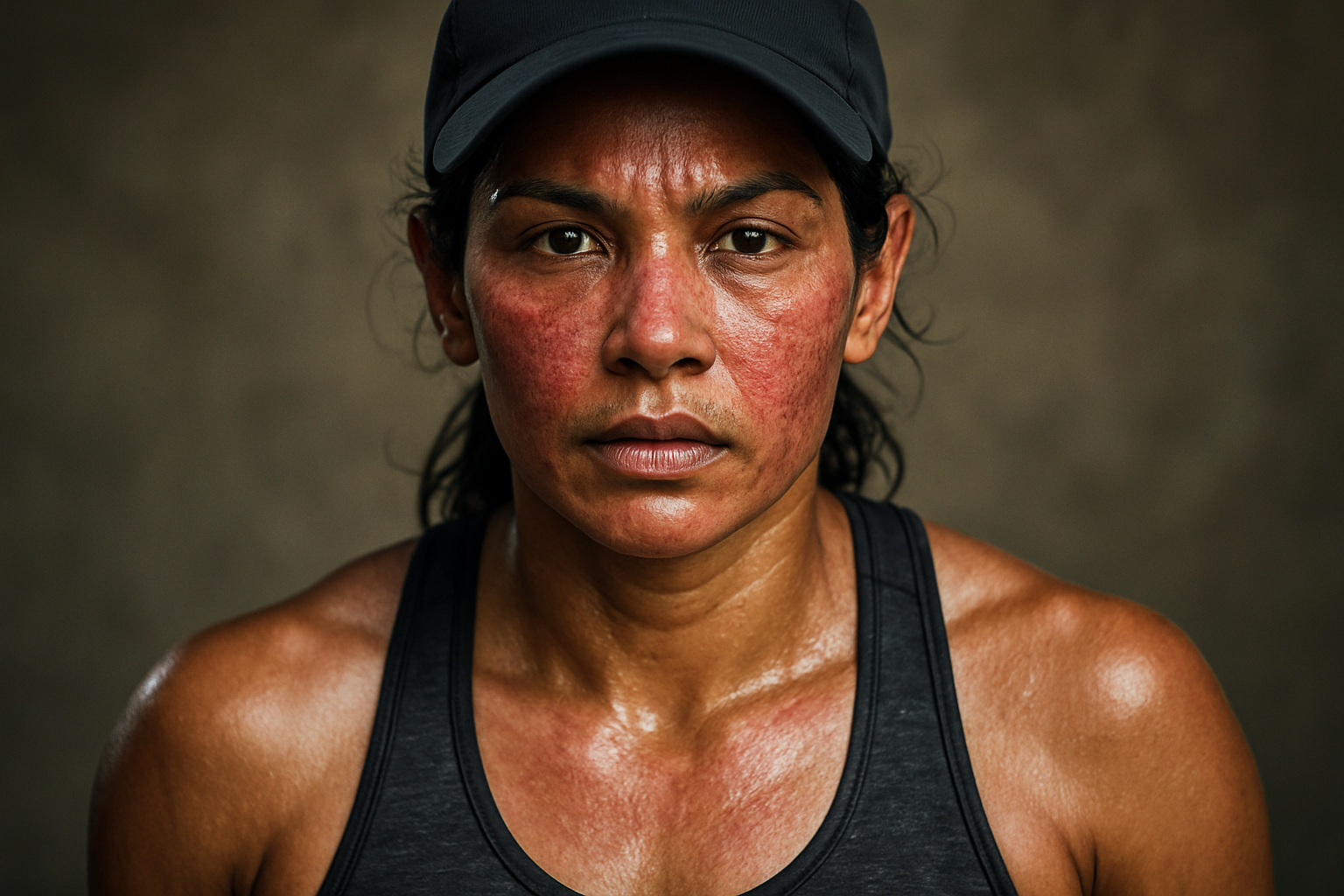 A fit and atheletic Guyanese woman wearing a baseball hat and her face has Visible Blood Vessels / Redness