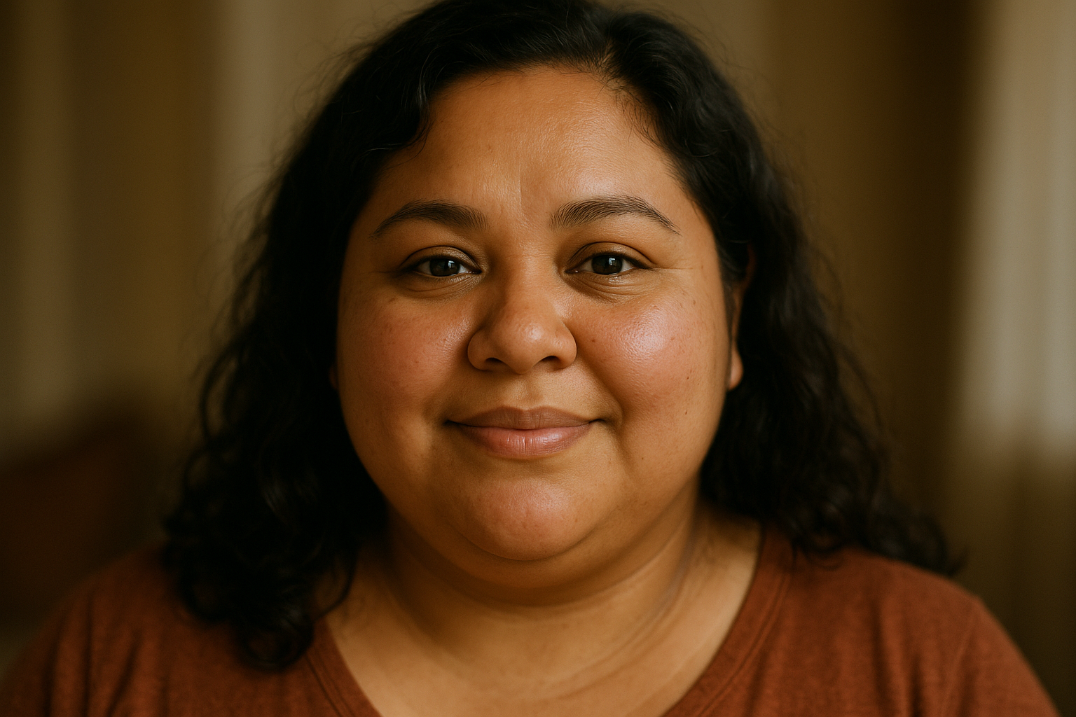 A latino woman with Puffiness under eyes , chubby face