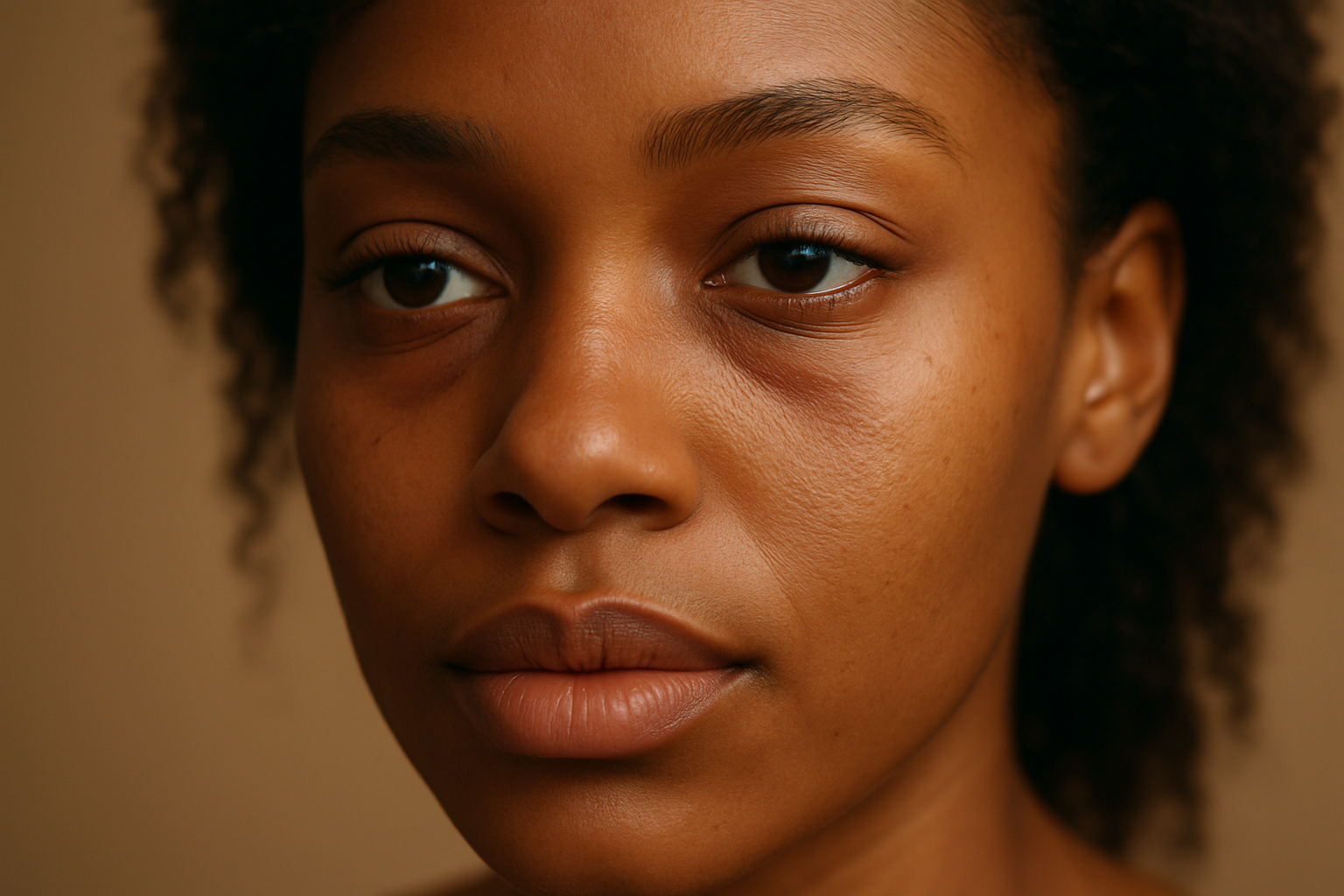 A melanin skin woman age 20 with Sensitive/reactive under-eye skin