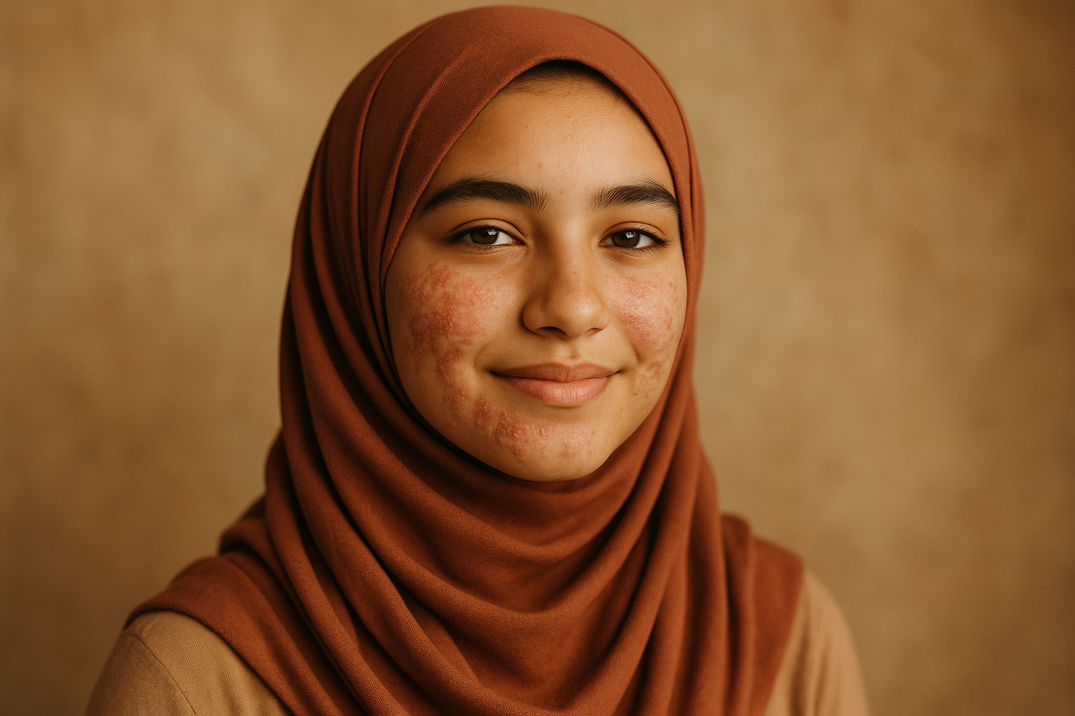 A teenage arab girl with a headscarf and mild eczema on her face