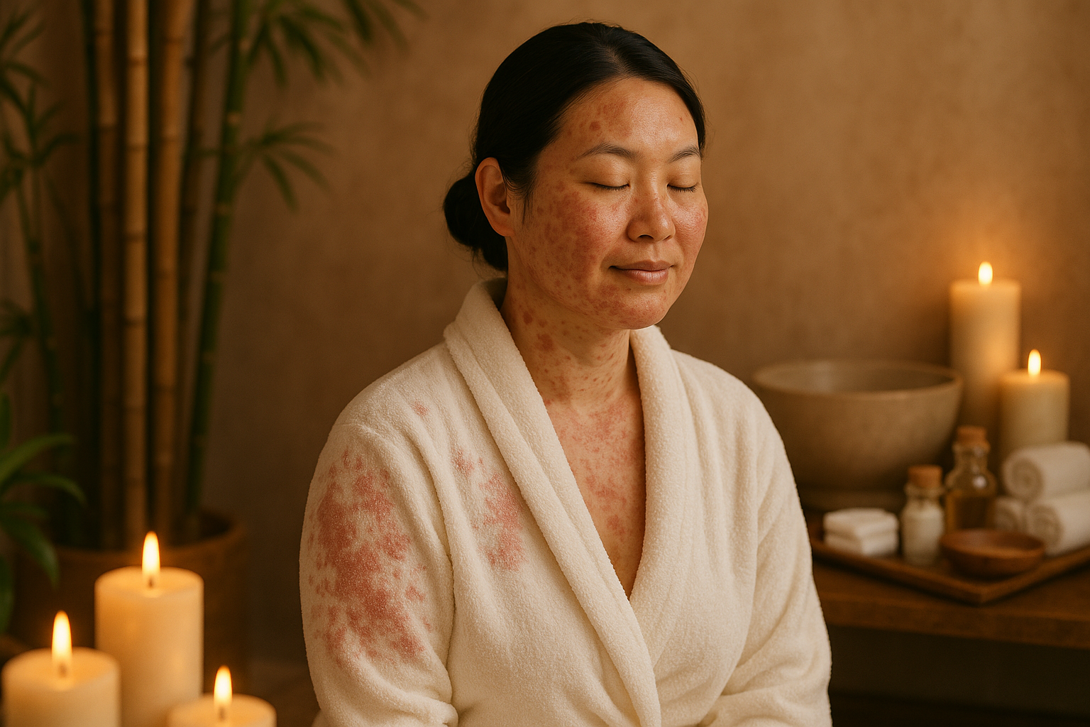 a woman asian around 30yrs with psoriasis, she is at a spa