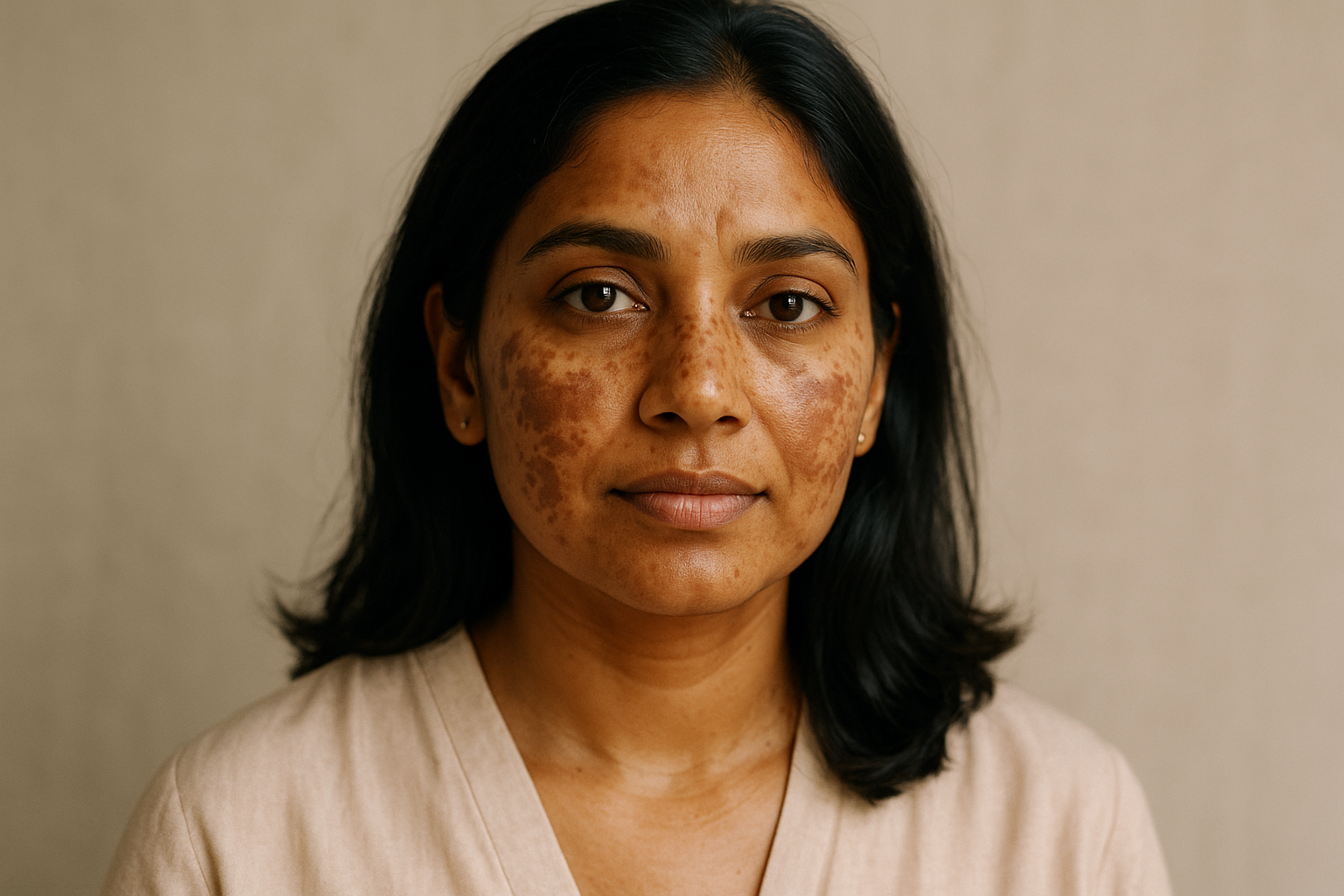 An indian woman around 35 years old with melasma on a neutral background