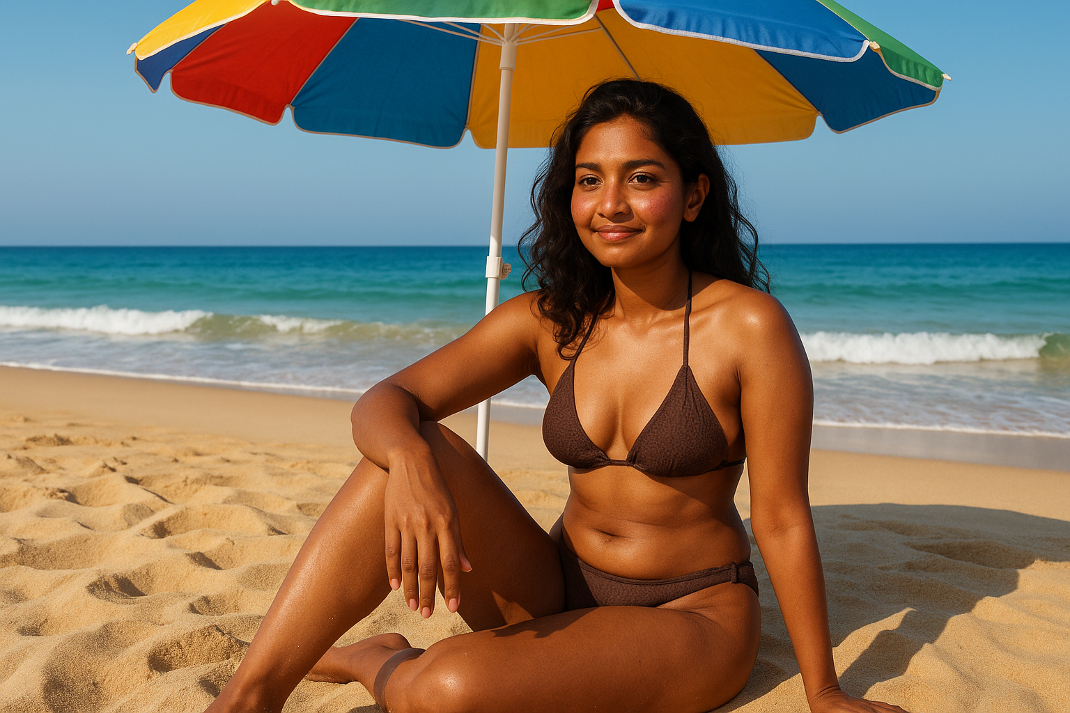 brown skin indian girl in a 2 piece bikini at the beach under an umbrella with rosacea