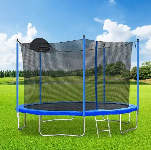 12FT Trampoline For Adults Kids With Basketball Hoop, Outdoor Trampolines W Ladder And Safety Enclosure Net For Kids And Adults