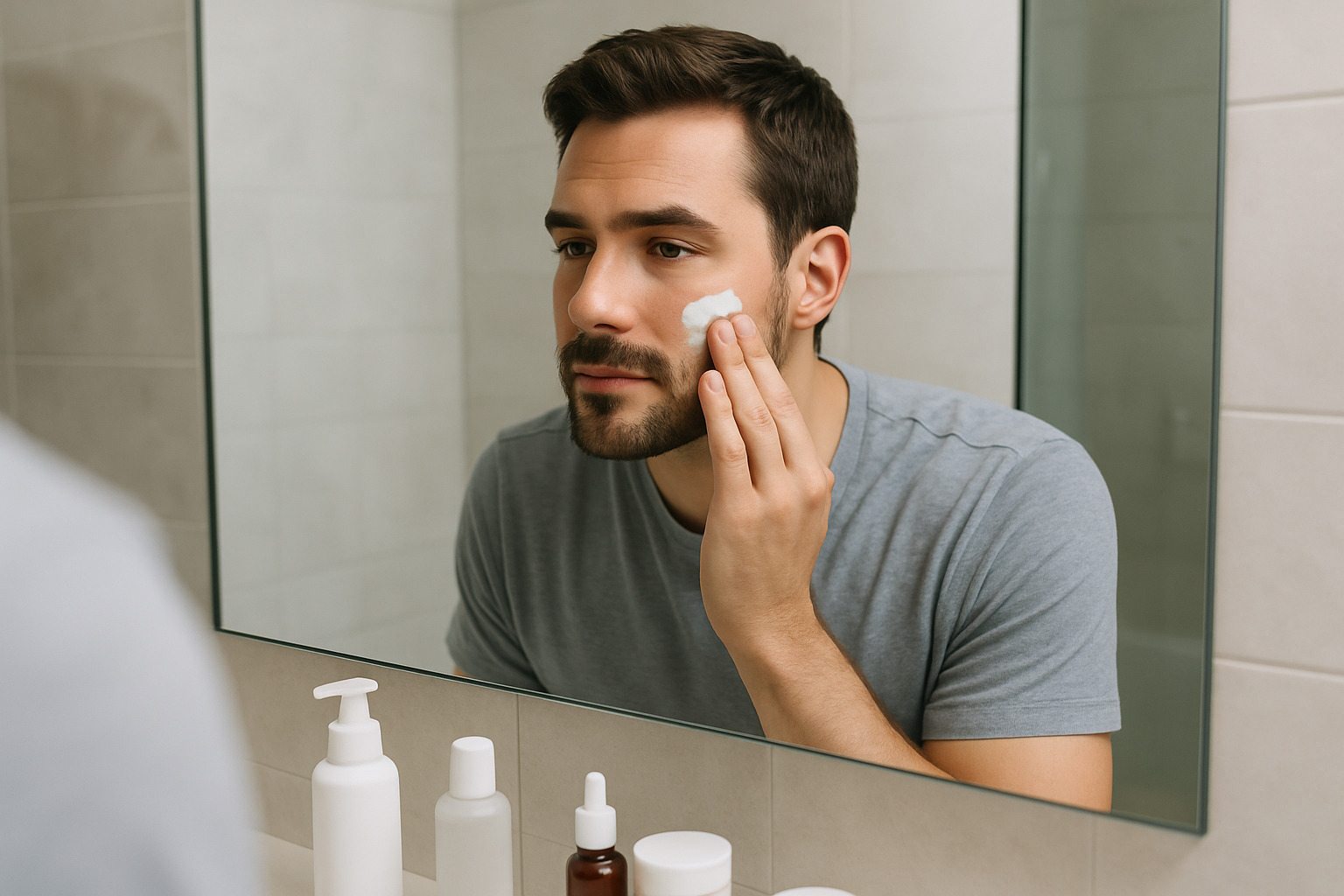 gENERATE an image of a Man using facecare product in front of a mirror
