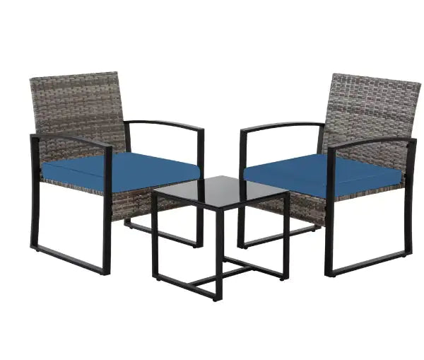 3-Piece Wicker Outdoor Bistro Set with Blue Cushions