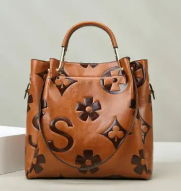 Elegant Floral Embossed Synthetic Leather Satchel Handbag for Women - Adjustable Shoulder Strap, Secure Zipper Closure, Light Brown/Purple/Black - Versatile Work & Casual Purse, Daily Use Accessory, Sophisticated Design, Structured Handbag