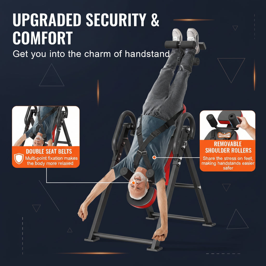 Heavy Duty Inversion Table for Back Pain Relief - 300 lbs Capacity, Foldable Home Gym Equipment with Integrated Security Straps & Comfort Shoulder Rollers