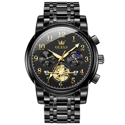 OLEVS 2900 Men's Quartz Watch with Numerals, 24-Hour and Moon Phase Sub-Dials, Chronograph,