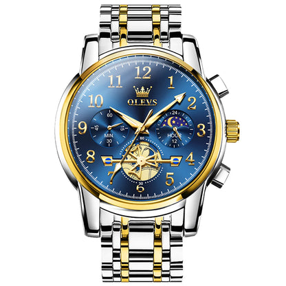 OLEVS 2900 Men's Quartz Watch with Numerals, 24-Hour and Moon Phase Sub-Dials, Chronograph,