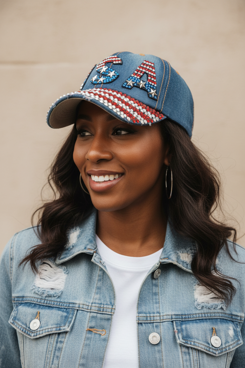 USA Bling Cap ,Rhinestone Denim Fan Patriotic 250 Anniversary