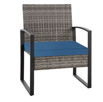 3-Piece Wicker Outdoor Bistro Set with Blue Cushions