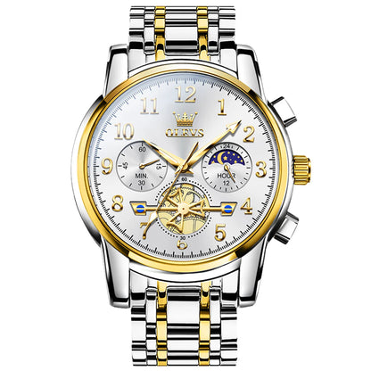 OLEVS 2900 Men's Quartz Watch with Numerals, 24-Hour and Moon Phase Sub-Dials, Chronograph,