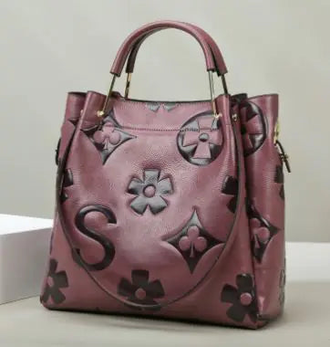 Elegant Floral Embossed Synthetic Leather Satchel Handbag for Women - Adjustable Shoulder Strap, Secure Zipper Closure, Light Brown/Purple/Black - Versatile Work & Casual Purse, Daily Use Accessory, Sophisticated Design, Structured Handbag