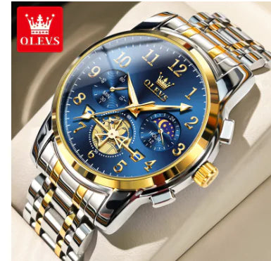 OLEVS 2900 Men's Quartz Watch with Numerals, 24-Hour and Moon Phase Sub-Dials, Chronograph,