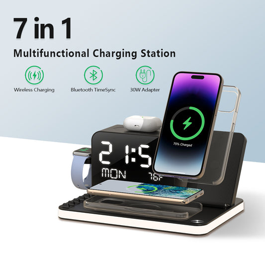 7-in-1 Multifunctional Wireless Charging Station, MagSafe Dual Phone Touch Night Light, Temperature, Bluetooth iPhone, Android, AirPods, iWatch