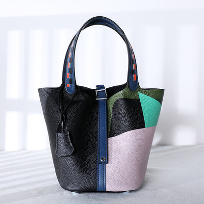 Cowhide Painted Vegetable Basket Portable Women's Bag Adjustable Shoulder Strap