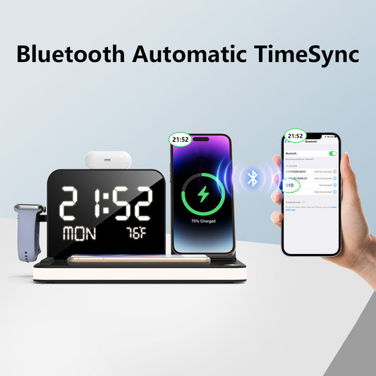 7-in-1 Multifunctional Wireless Charging Station, MagSafe Dual Phone Touch Night Light, Temperature, Bluetooth iPhone, Android, AirPods, iWatch