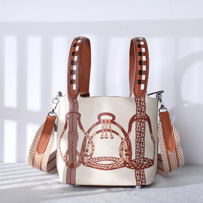 Cowhide Painted Vegetable Basket Portable Women's Bag Adjustable Shoulder Strap