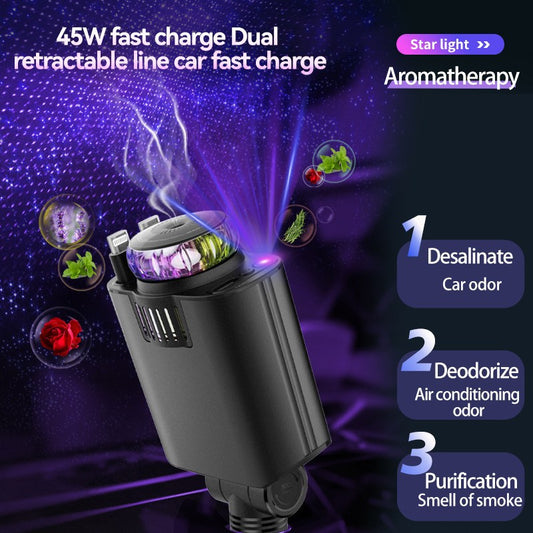 5 in 1 Retractable Car Charger with Aromatherapy and Starlight, USB C Car Charger Adapter, 69W Fast Charging Cars Phone Chargers, Cars Air Freshener Compatible for iPhone and Android