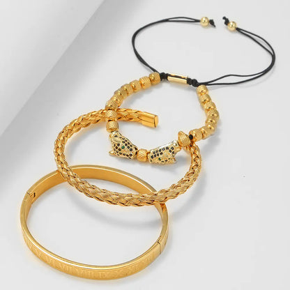 Men's Copper and Zircon Leopard Head Woven Bracelet Set