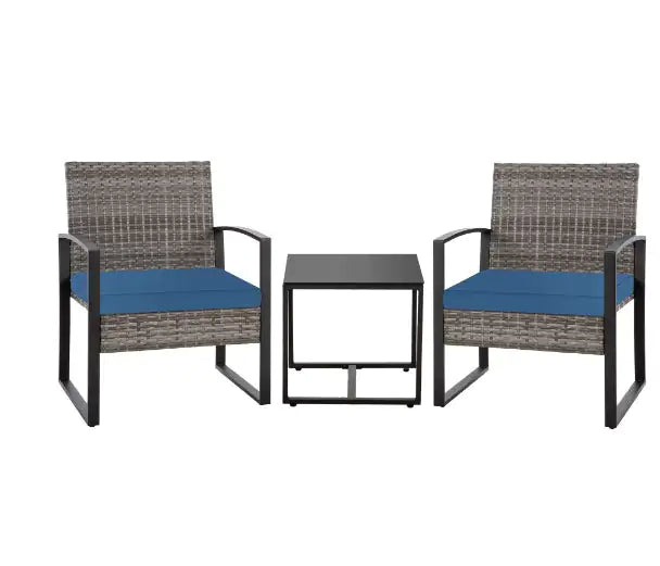 3-Piece Wicker Outdoor Bistro Set with Blue Cushions