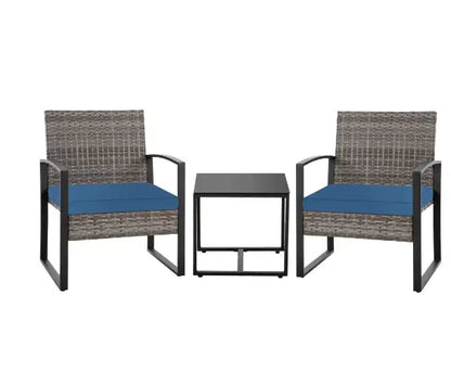 3-Piece Wicker Outdoor Bistro Set with Blue Cushions