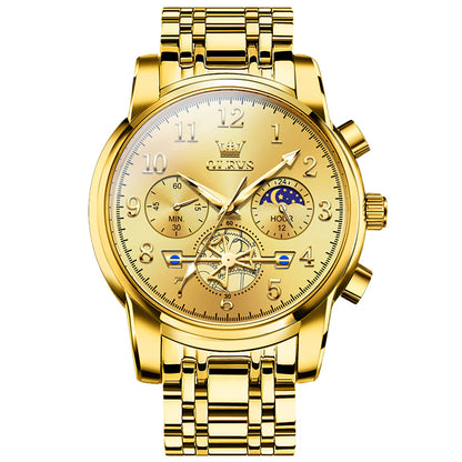 OLEVS 2900 Men's Quartz Watch with Numerals, 24-Hour and Moon Phase Sub-Dials, Chronograph,
