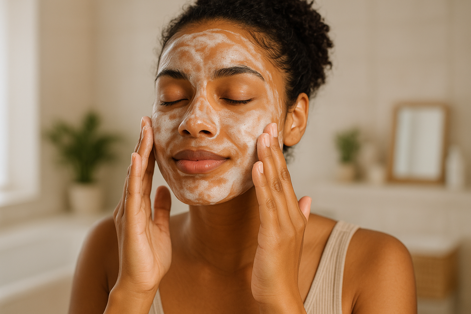 brown skin model applying soap to face