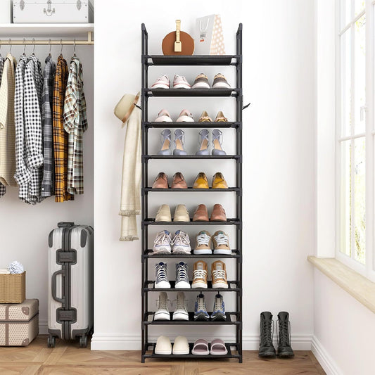 10 Tier Tall Shoe Rack for Closet, Narrow Shoe Rack for Entryway, 20-24 Pairs Vertical Shoe Organizer Storage Space Saving, Metal Shoe Stand Shelf with Hook