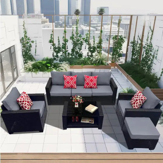 Outdoor Garden Patio Furniture 7 Piece PE Rattan Upholstered Sofa Set & Coffee Table