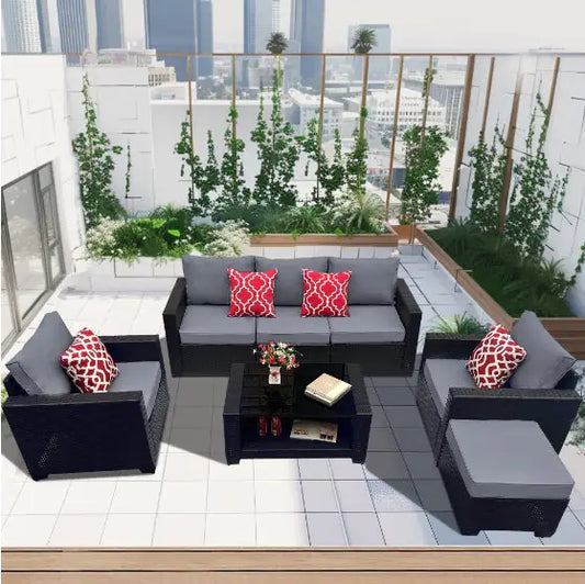 Outdoor Garden Patio Furniture 7 Piece PE Rattan Upholstered Sofa Set & Coffee Table