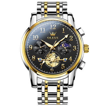 OLEVS 2900 Men's Quartz Watch with Numerals, 24-Hour and Moon Phase Sub-Dials, Chronograph,