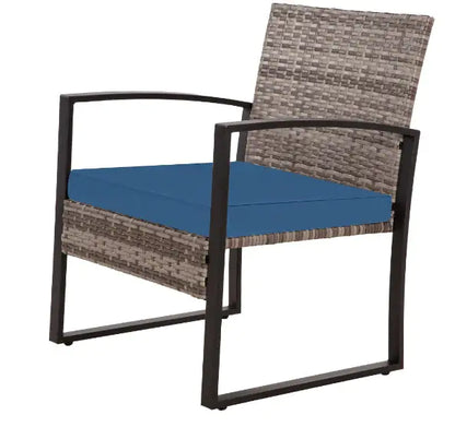 3-Piece Wicker Outdoor Bistro Set with Blue Cushions
