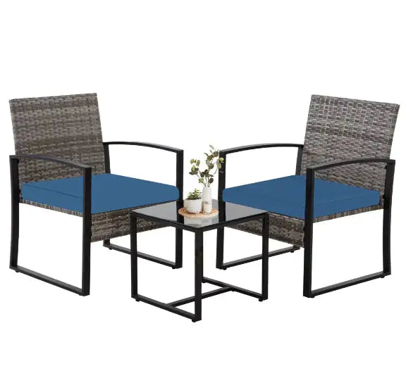 3-Piece Wicker Outdoor Bistro Set with Blue Cushions