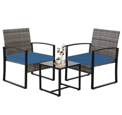 3-Piece Wicker Outdoor Bistro Set with Blue Cushions
